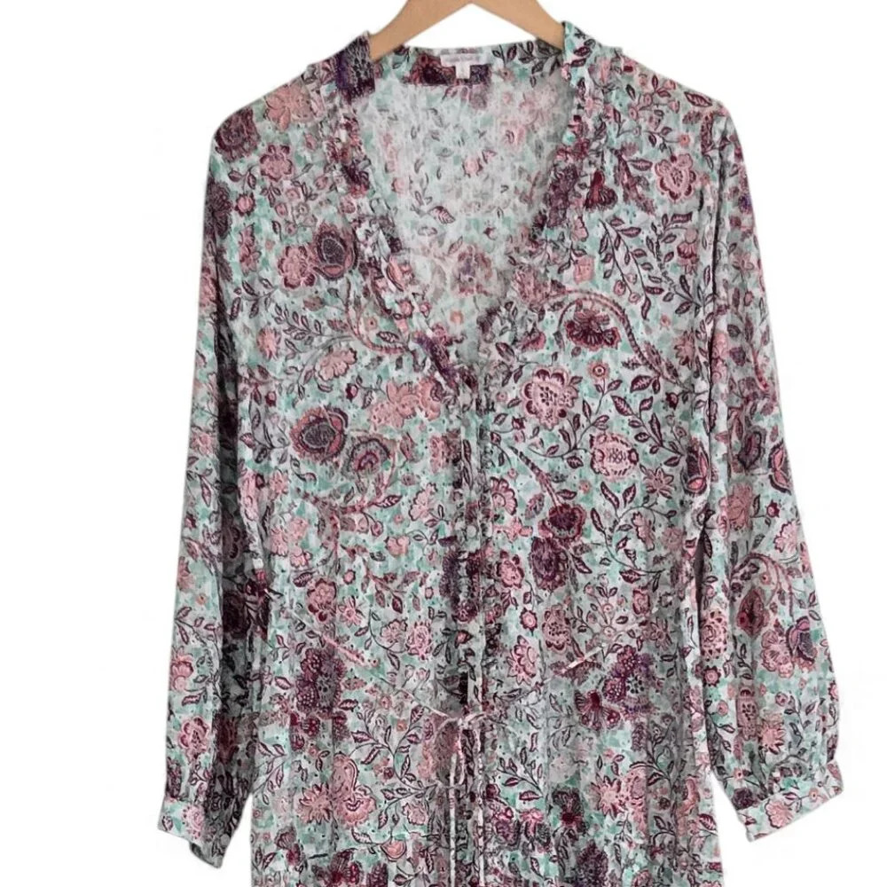 Poupette St Barth Eyelet Prairie Maxi Dress Women Floral Button Up Ruffles XL